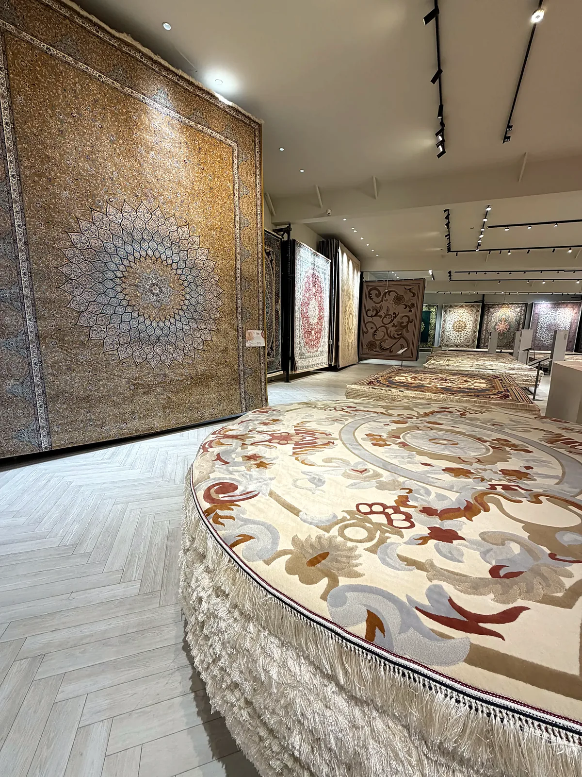 Gold medallion carpet and round carpet in the showroom